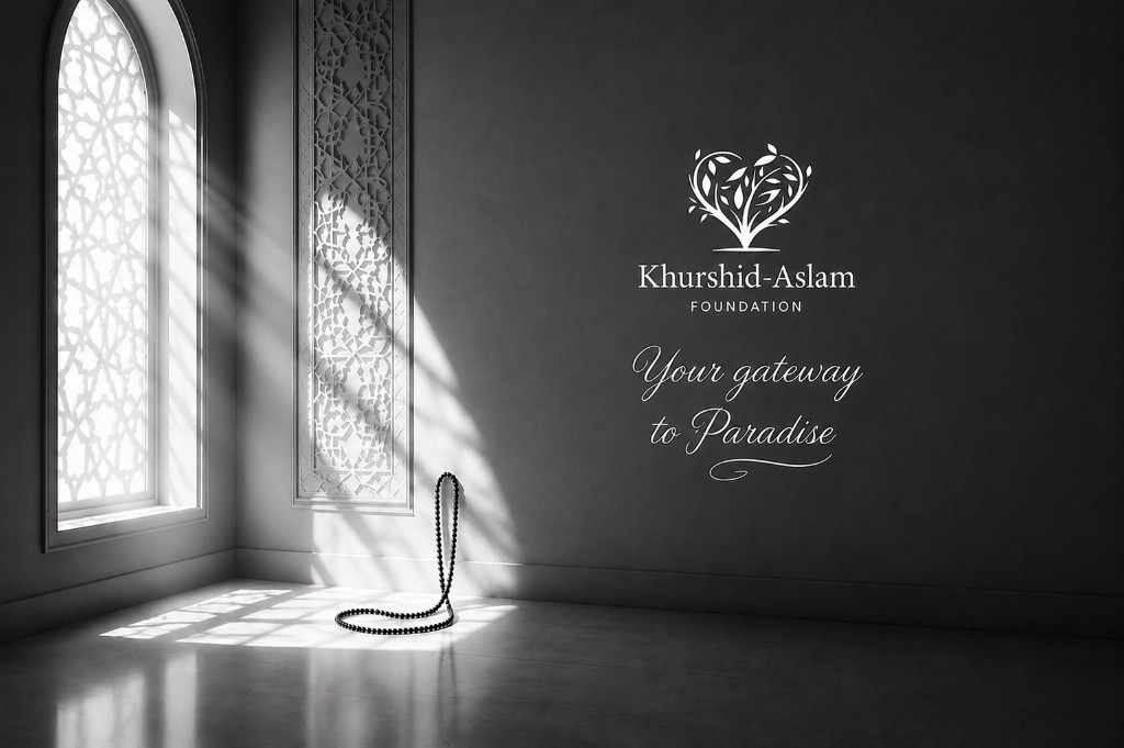 Khurshid-Aslam Foundation welcome — serene prayer space with organisation branding.