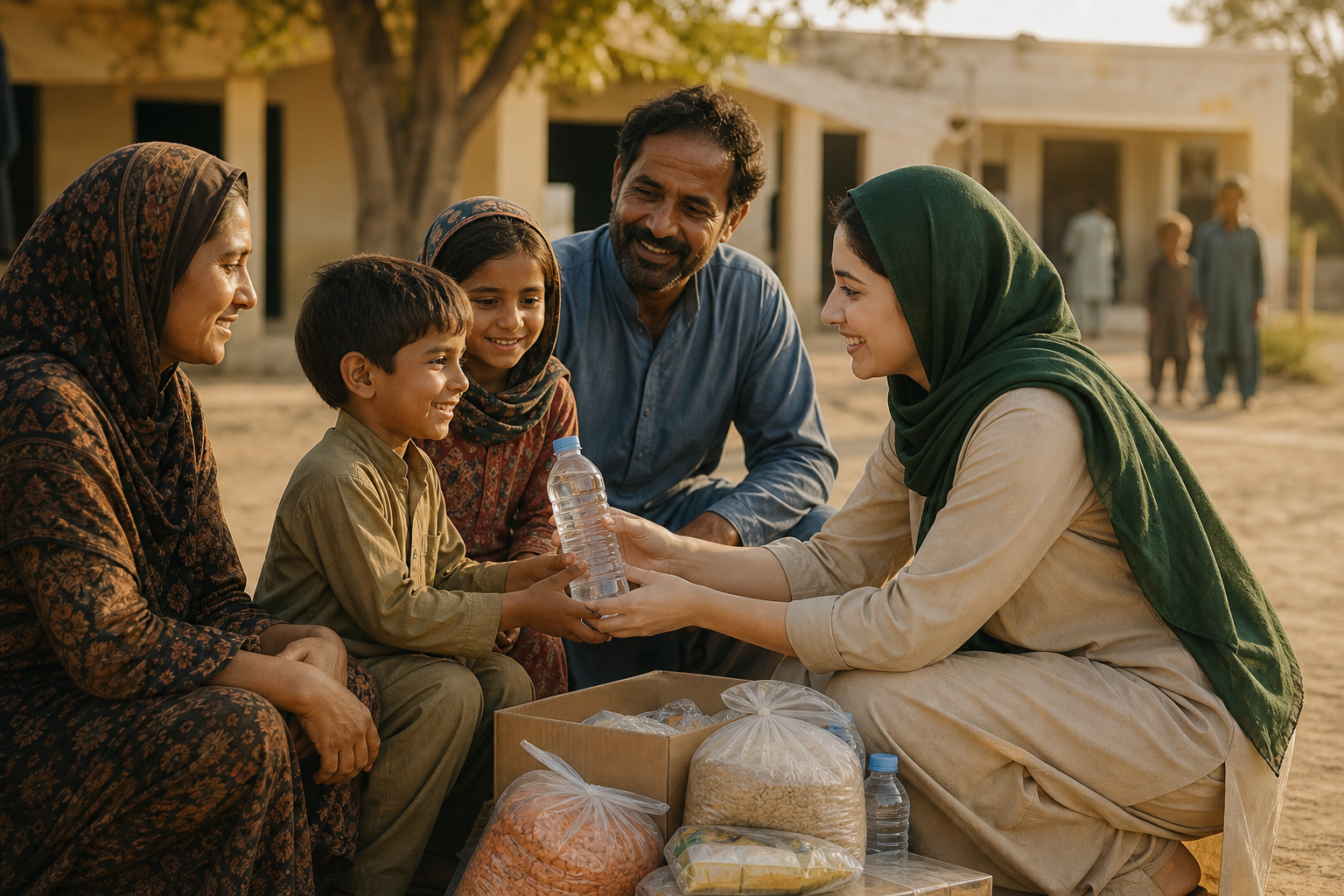 Volunteer offering clean water and food to a family in a rural community — representing charity, compassion, and lasting change through the Khurshid-Aslam Foundation.