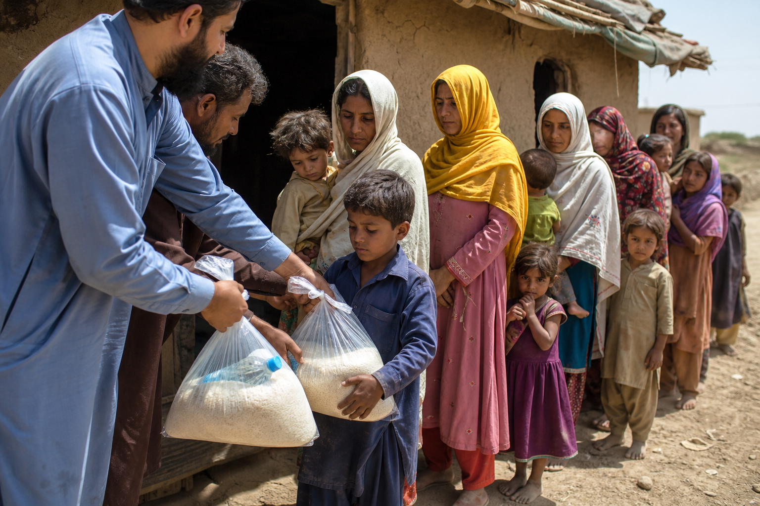 Volunteers distributing rice and water to families outside a village home — humanitarian aid reaching those in need.