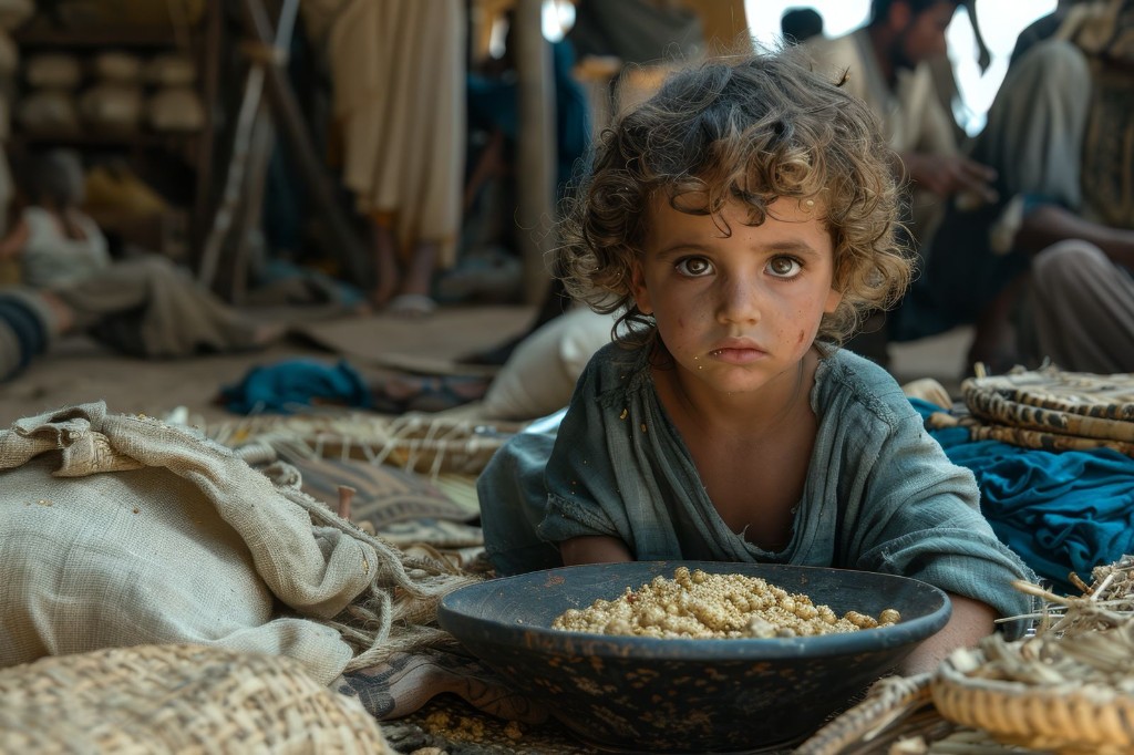 A young child beside a bowl of grain, with a solemn gaze — representing food security and nourishment.