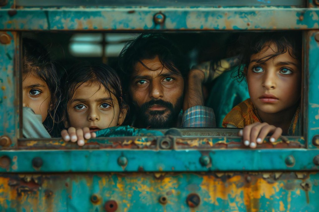 A father and children looking out from the window of a weathered vehicle — a moment of displacement and uncertain journey.