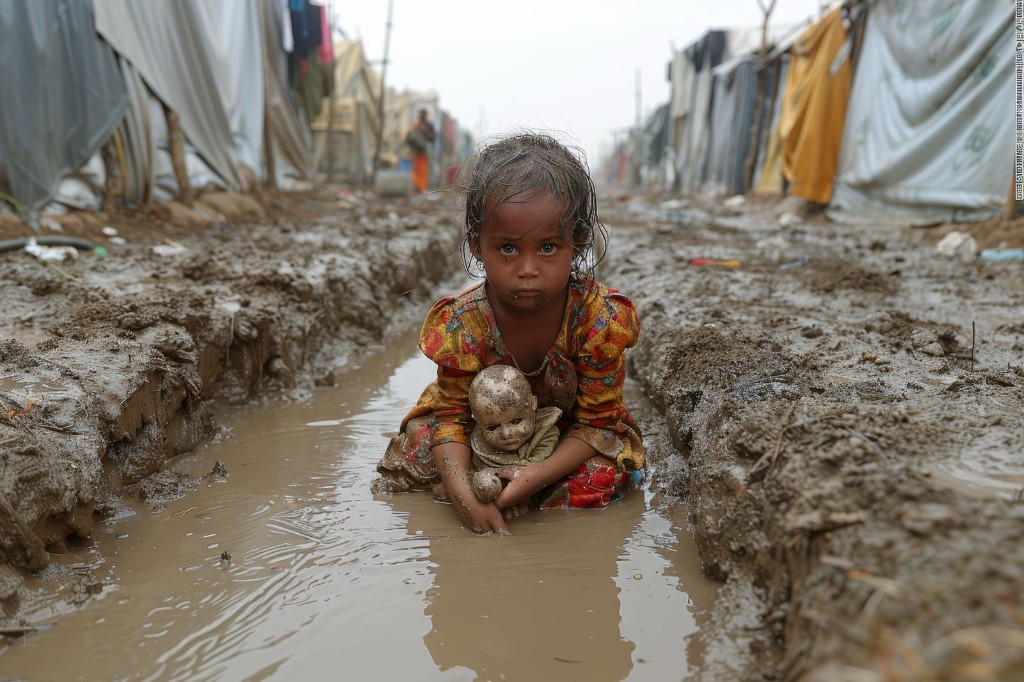 A young girl sitting in muddy water along a camp path, holding a doll — hardship after heavy rain in a displacement settlement.
