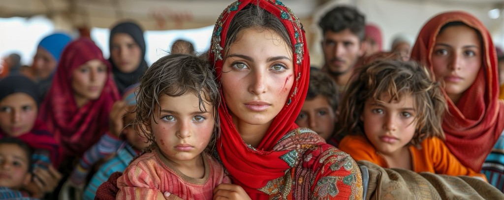 A mother holding her child among displaced families in a crowded camp — resilience amid hardship.