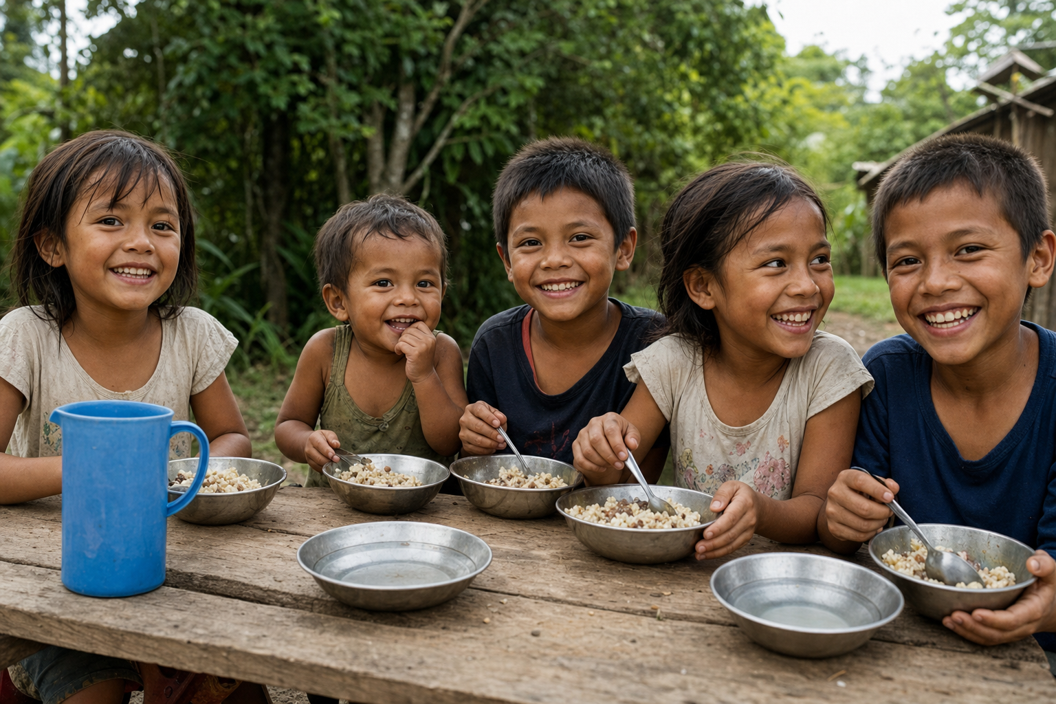 Children sharing a simple meal together outdoors — hope through nourishment and community care.