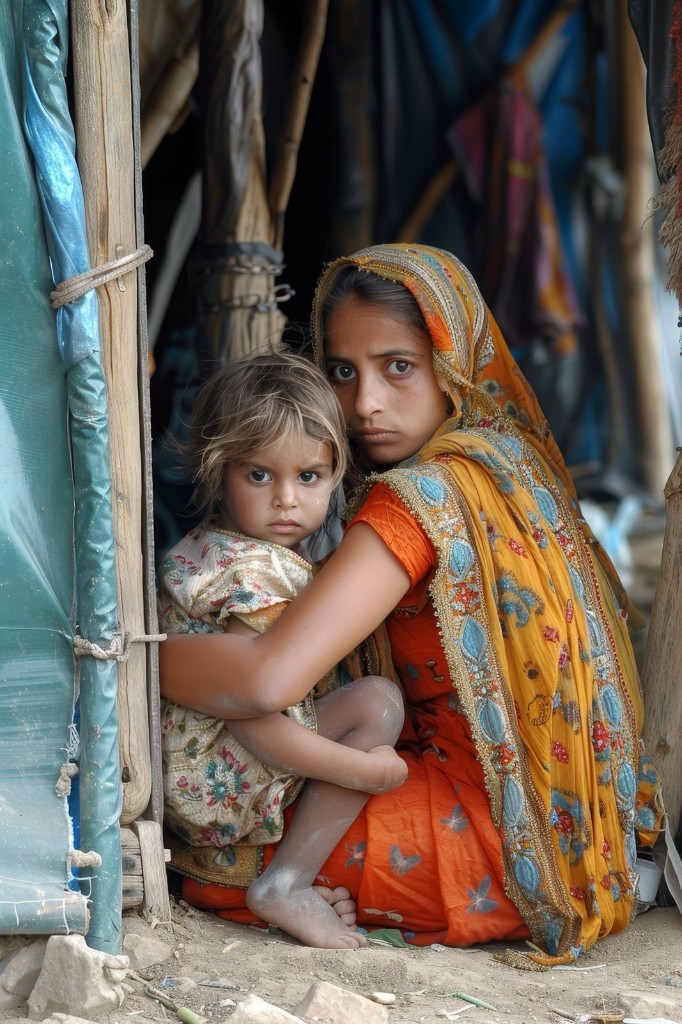 A young mother and child seated at the entrance of a makeshift shelter, looking toward the camera with quiet dignity.