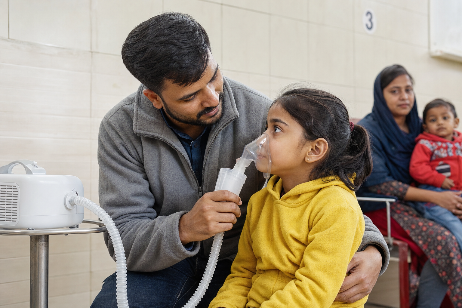 Sharp photo: caregiver helping a child with nebulizer treatment in a clean community clinic