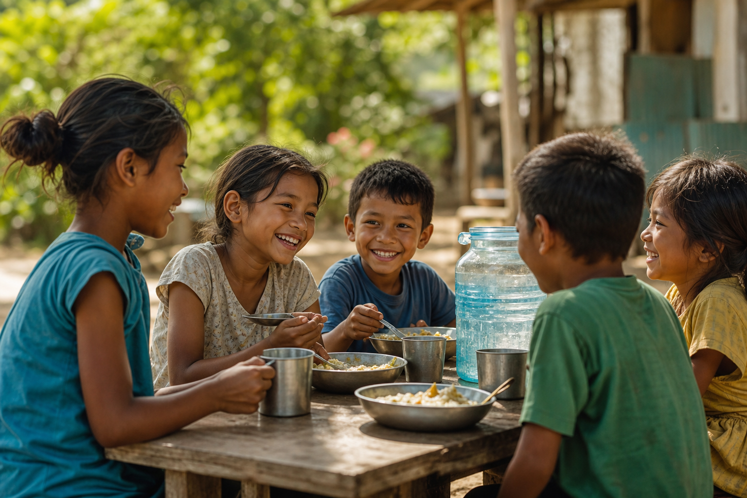Children sharing a meal together in a modest community setting — symbolising hope through food, clean water, and education.